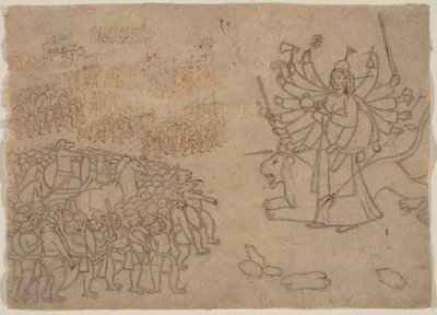 悪魔チクシュラの軍勢に立ち向かうドゥルガー：『デヴィ・マハトミー』の一場面（1780年頃）。 作： Unbekannt
