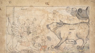 ドゥルガーが水牛の悪魔マヒシャに立ち向かう: デヴィ マハトミヤの場面 1780年。 作： Unbekannt