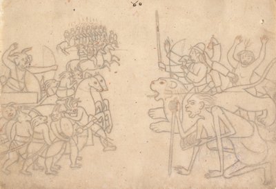 チャンダとムンダの集合軍に迫るドゥルガーとカーリー...デヴィ・マハトミーア、1780年頃。 作： Unbekannt