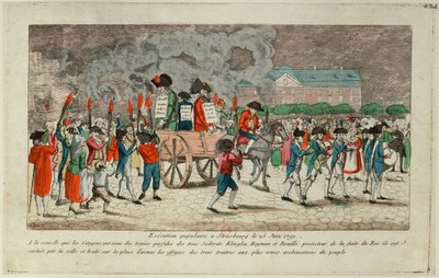 1791 年 6 月 25 日、ストラスブールでのクリングリン、ハイマン、ブイユの彫像の燃焼。 作： Unbekannt