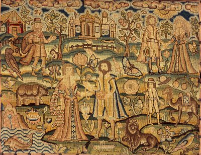 人、花、昆虫、魚、動物を示す刺繍パネル、17世紀 作： Unbekannt