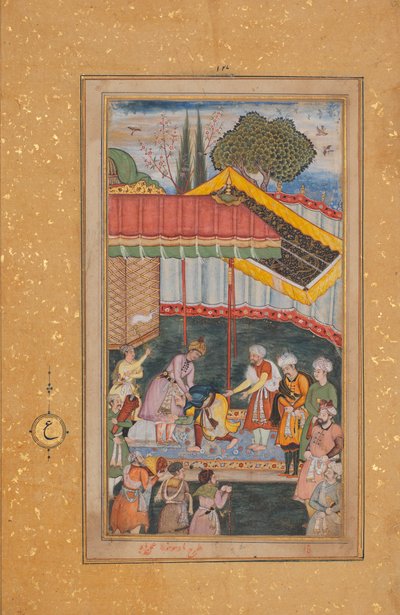 Baburama からの訪問者、Folio を受け取る Babur 皇帝 The Book of Babur、ca. 1590年。 作： Unbekannt