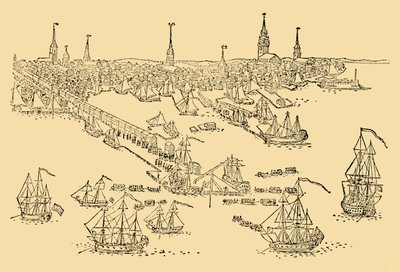 1768年にティーパーティーが開催されたボストンでのイギリスの戦争船、c1930。 作： Unbekannt