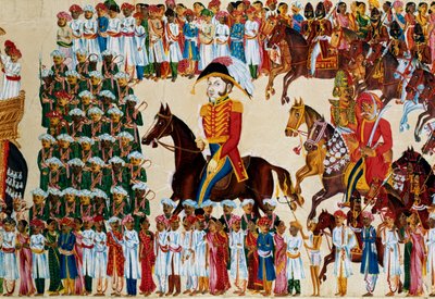 インドの行進に乗っている東インド会社の英国のグランディ、1825-1830 作： Unbekannt