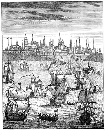 1708年、1894年、ダンケルクを占領するために兵士を運ぶイギリス軍中隊 作： Unbekannt