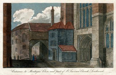 モンタギュークローズへの入り口とセントセイバーズチャーチの一部、サザーク、ロンドン、1814 作： Unbekannt