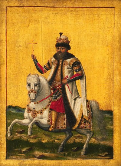 ロシア皇帝ミハイル 1 世フョードロヴィチの騎馬肖像、1596～1645 年、c. 1650-1660。 作： Unbekannt