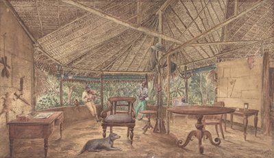 アフリカのジャングル ロッジに住むヨーロッパ人男性、1886 年。 作： Unbekannt