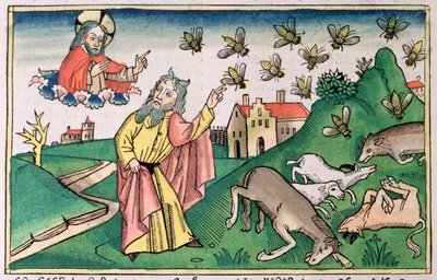 出エジプト記 8:20-32: モーセとハエの群れ、エジプトの 7 つの災害の 1 つ 作： Unbekannt