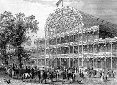 1851年の大展覧会のために建てられたロンドンのクリスタルパレスの北側の廊下の外観 作： Unbekannt