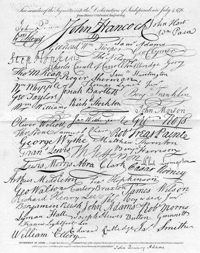 1776年7月4日、独立宣言への署名のファクシミリ 作： Unbekannt