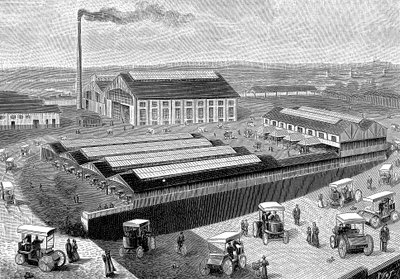 1899年、フランス、オーベルヴィリエ、電気キャブの製造、充電、サービスを行う工場 作： Unbekannt