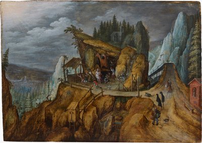 聖アンソニーの誘惑、1600 と幻想的な岩の多い風景。 作： Unbekannt