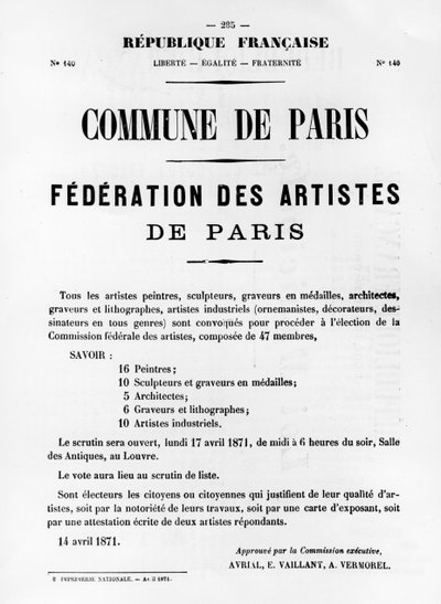 1871年5月のパリコミューンのフランスの政治ポスターからのフェデレーションデアーティスト 作： Unbekannt