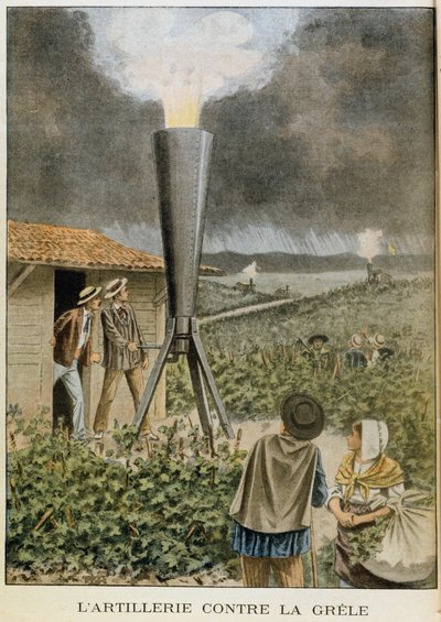 あられの嵐を防ぐために大砲を雲の中に発射、1901 作： Unbekannt