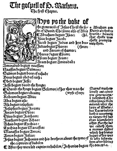 ウィリアムティンダールス英語新約聖書、1525年の聖マタイ福音書の最初のページ 作： Unbekannt