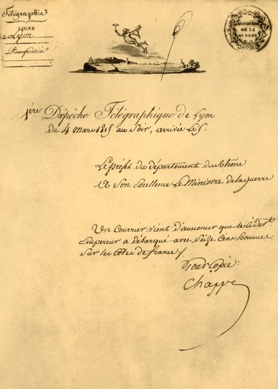 1815年3月4日、1921年、リヨンからの最初の電信急送。 作： Unbekannt