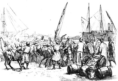 部隊のための食糧：ポートサイドでの牛の水揚げ、c1882 作： Unbekannt