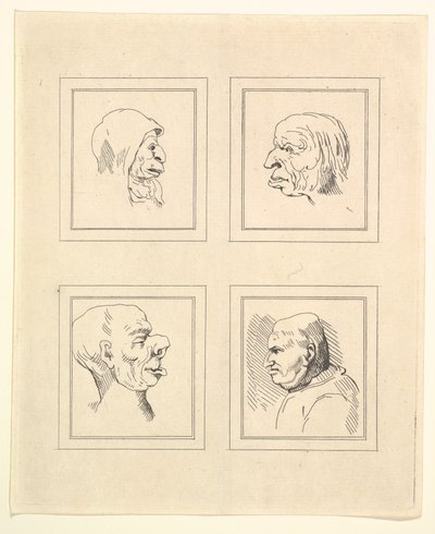 Leonardo da VinciによるCharacaturasからの4つの頭、Wincelslaus Hollarによる図面から、...、1786年。 作： Unbekannt
