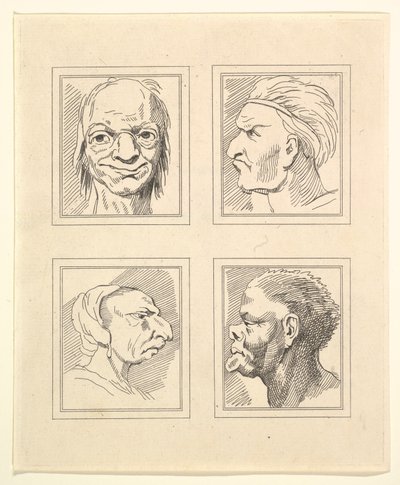 Leonardo da VinciによるCharacaturasからの4つの頭、Wincelslaus Hollarによる図面から、...、1786年。 作： Unbekannt