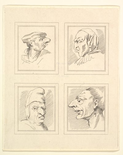 Leonardo da VinciによるCharacaturasからの4つの頭、Wincelslaus Hollarによる図面から、...、1786年。 作： Unbekannt