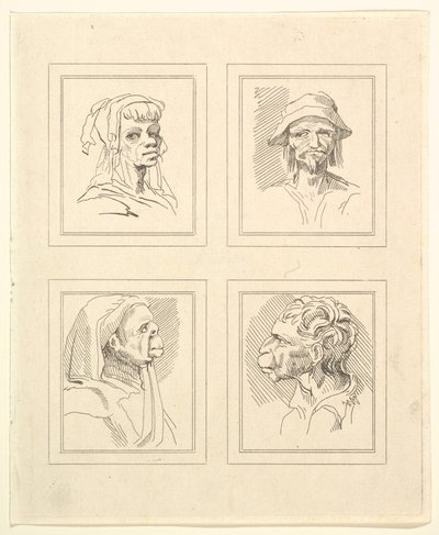 Leonardo da VinciによるCharacaturasからの4つの頭、Wincelslaus Hollarによる図面から、...、1786年。 作： Unbekannt