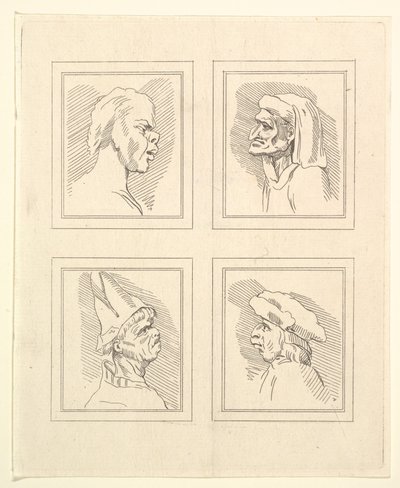 Leonardo da VinciによるCharacaturasからの4つの頭、Wincelslaus Hollarによる図面から、...、1786年。 作： Unbekannt