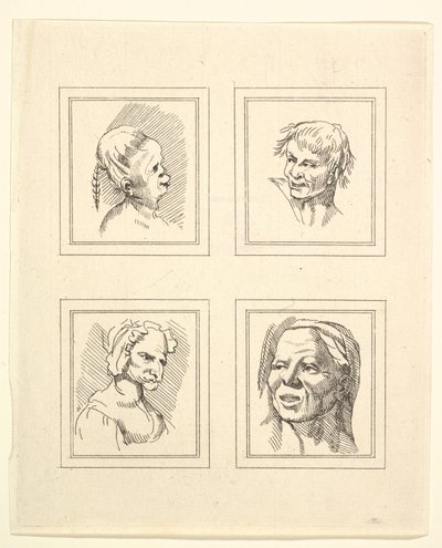 Leonardo da VinciによるCharacaturasからの4つの頭、Wincelslaus Hollarによる図面から、...、1786年。 作： Unbekannt