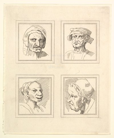 Leonardo da VinciによるCharacaturasからの4つの頭、Wincelslaus Hollarによる図面から、...、1786年。 作： Unbekannt