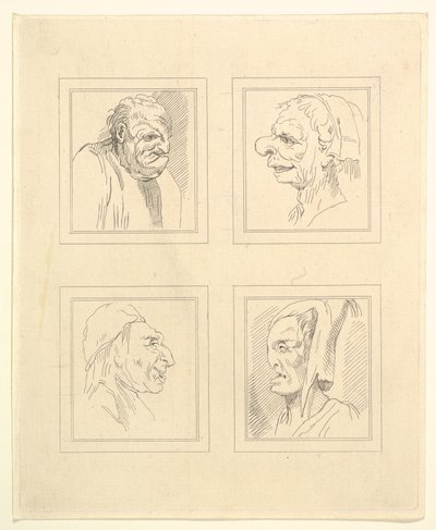 Leonardo da VinciによるCharacaturasからの4つの頭、Wincelslaus Hollarによる図面から、...、1786年。 作： Unbekannt