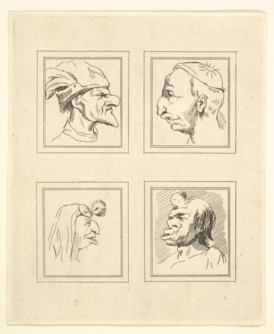Leonardo da VinciによるCharacaturasからの4つの頭、Wincelslaus Hollarによる図面から、1786年。 作： Unbekannt