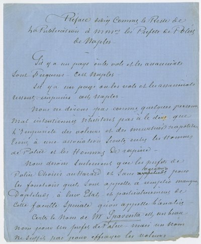 デュマが1832年にパリでポーと出会ったことを記した「Preferences dedie Comme le Reste de La Publication a Mmrs. les Prefets de Police de Naples」の断片（紙にインク）。 作： Unbekannt