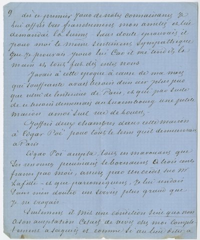 デュマが1832年にパリでポーと出会ったことを記した「Preferences dedie Comme le Reste de La Publication a Mmrs. les Prefets de Police de Naples」の断片（紙にインク）。 作： Unbekannt