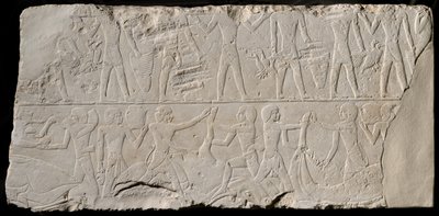 供物の担ぎ手と肉屋、エジプト、古王国、王朝中期を描いた墓壁の断片... 作： Unbekannt