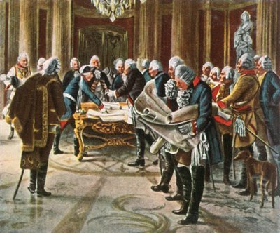 フレデリック大王は1756年8月、1936年に将軍との軍事評議会を開いた。 作： Unbekannt