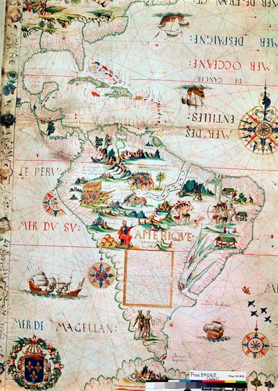 中南米のフランス地図、フランス語、1550 作： Unbekannt