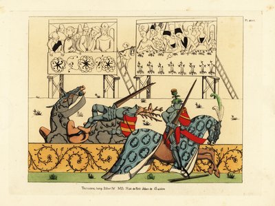 アザミの紋章のついた兜をかぶったフランスの騎士ジャン・ド・サントルが、牡鹿の紋章のついた兜をかぶったスペインの騎士エンゲランを馬上槍試合で破っている場面、15世紀後半の写本「Histoire de Petit Jehan de Saintre」より。 作： Unbekannt
