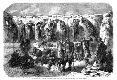 1855年、クリミア戦争、セバストポリ、マメロンと白い塔の前に並ぶフレンチライフルピット 作： Unbekannt