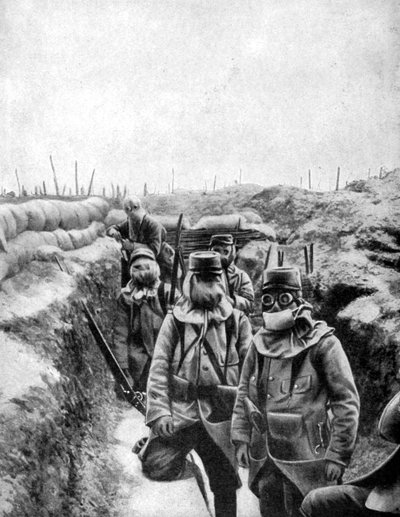 1915年の即興の防毒マスクのフランスの兵士 作： Unbekannt