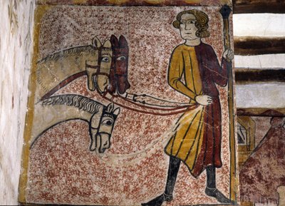 13世紀のペルヌ・レ・フォンテーヌ（Pernes les Fontaines, Vaucluse (84)）のフェランデ塔のフレスコ画。3頭の馬の女王を抱えたパレフレニエ。 作： Unbekannt