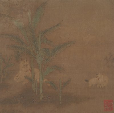 バナナの木の下で戯れる子猫たち、15 世紀。 作： Unbekannt