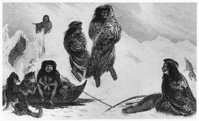 1839年、パタゴニア人と取引しようとするフージ人 作： Unbekannt