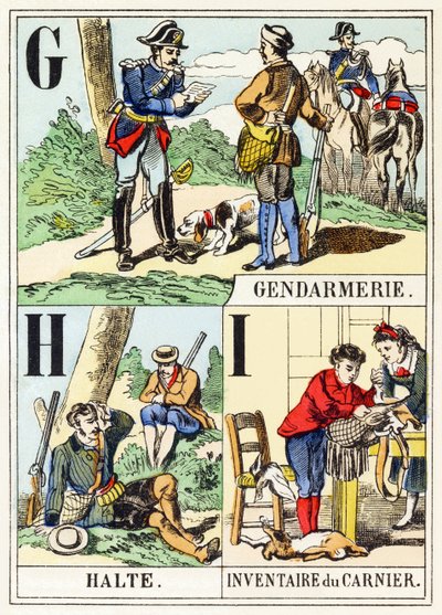 GHI：憲兵隊、ハルト、ゲームバッグの在庫-ハンティングアルファベット、1890年頃（彫刻） 作： Unbekannt