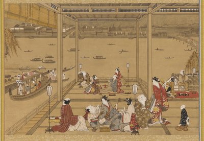 川辺の茶屋の華麗さ、江戸時代、18世紀。 作： Unbekannt