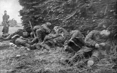 1914年9月5〜12日、フランスのマルヌの第1戦闘、砲兵隊の砲火でドイツの兵士が死亡 作： Unbekannt