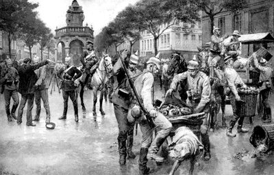 1914年の第一次世界大戦、ベルギーのリエージュ市を占領するドイツ軍 作： Unbekannt