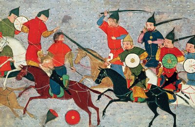 戦闘中のジンギスカン。ジャミアルタワリクユニバーサルヒストリーのミニチュア、1430年頃 作： Unbekannt