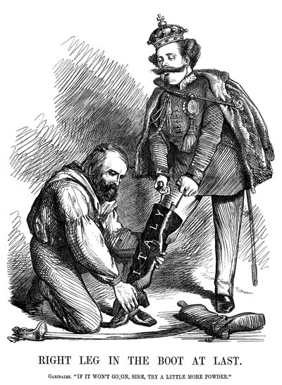 1860年、ビクターエマニュエルIIがイタリアのブーツを履くのを手伝ったジュゼッペガリバルディ 作： Unbekannt