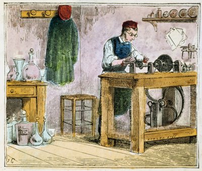 カーボランダムホイールに食器を飾るガラスカッター、1867年 作： Unbekannt