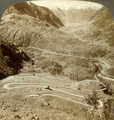 Dyreskard Pass-西からノルウェーのRoldal Lakeまで下る道路のジグザグのループ。c1905。 作： Unbekannt